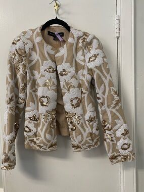 Boston Proper Beige Jacket with White Embroidered Florals and Gold Sequin Detail